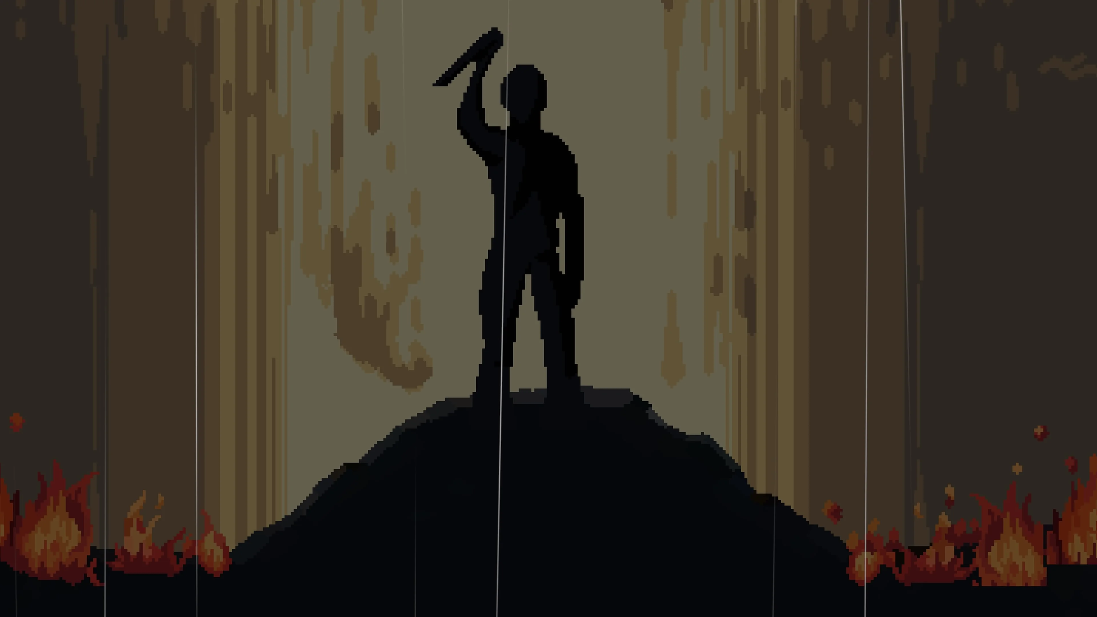 A silhouetted figure stands atop a mound, holding a sharp weapon aloft, with small flames burning on either side against a muted brown backdrop.